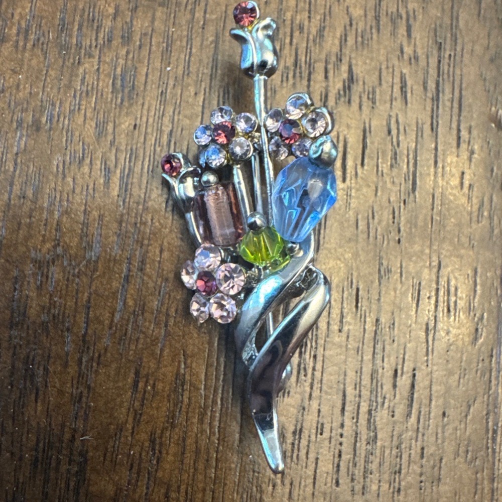 Vintage Floral Bouquet Brooch Women Silver Tone Rhinestone Glass Multi Color